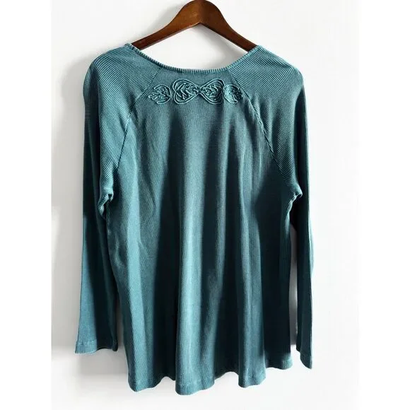 Soft Surroundings Teal Embroidered Waffle Knit Tunic Top Large Long Sleeve Boho - Picture 5 of 8